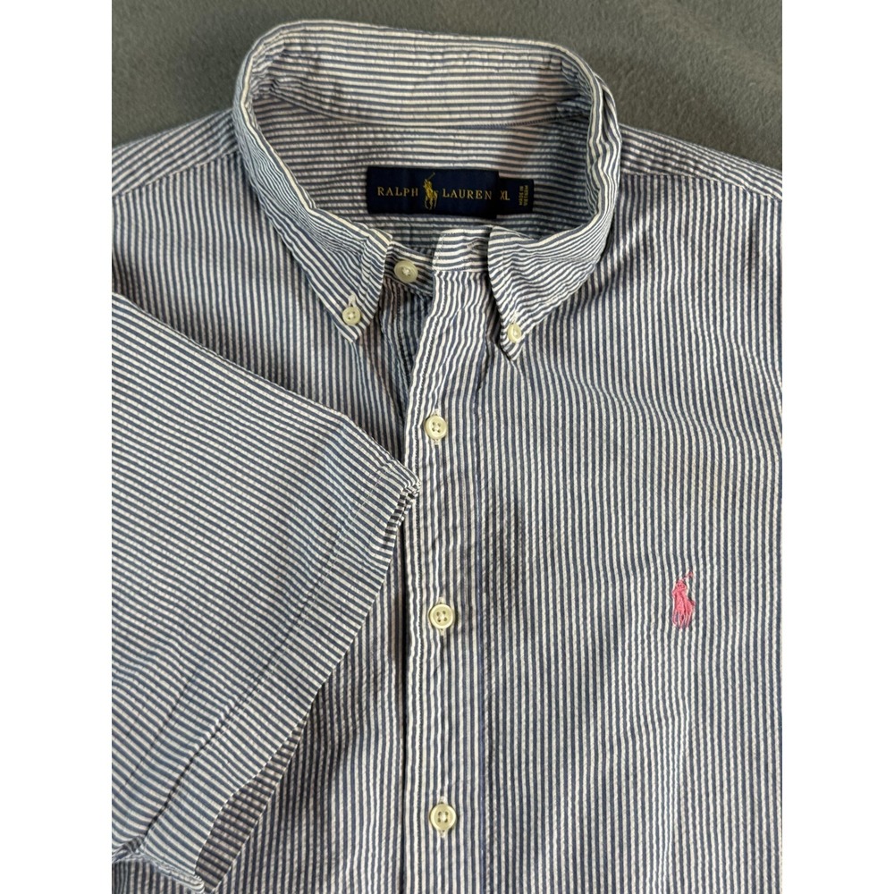 Ralph Lauren Shirt Mens XL Blue Stripe Short Sleeve Button Down Cotton Casual